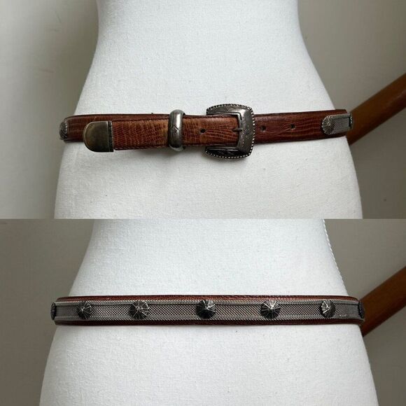 Vintage Tan Leather Western Waist Belt Studded Statement‎ Silver Hardware Concho - Picture 1 of 12